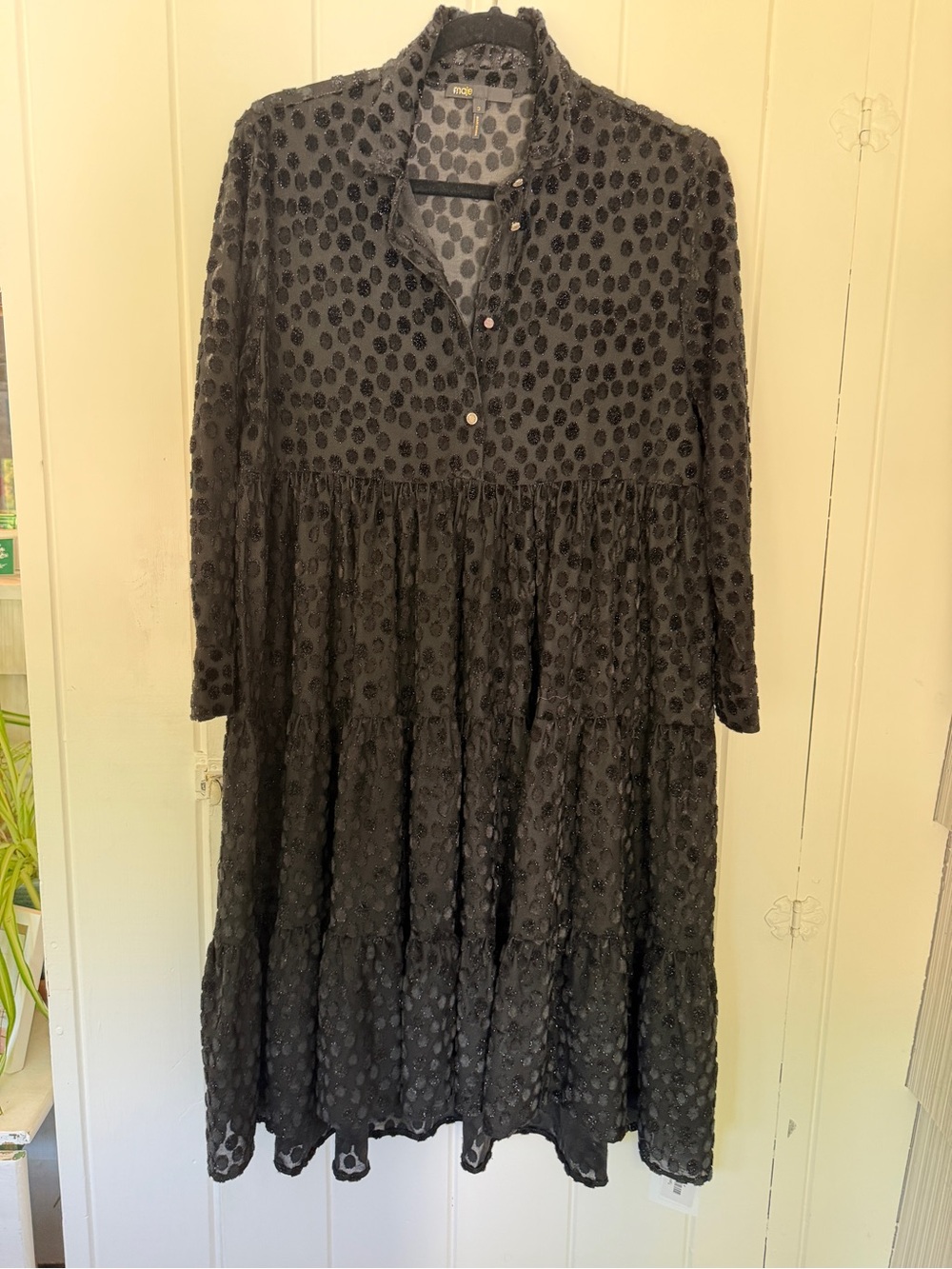 Maje Black Textured Polka-Dot Tiered Long-Sleeve Midi Dress
